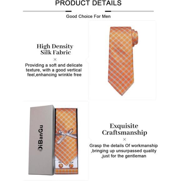 Plaid Ties for Men Silk Checkered Necktie and Pocket Square Cufflinks Tie Clip - Picture 6 of 7